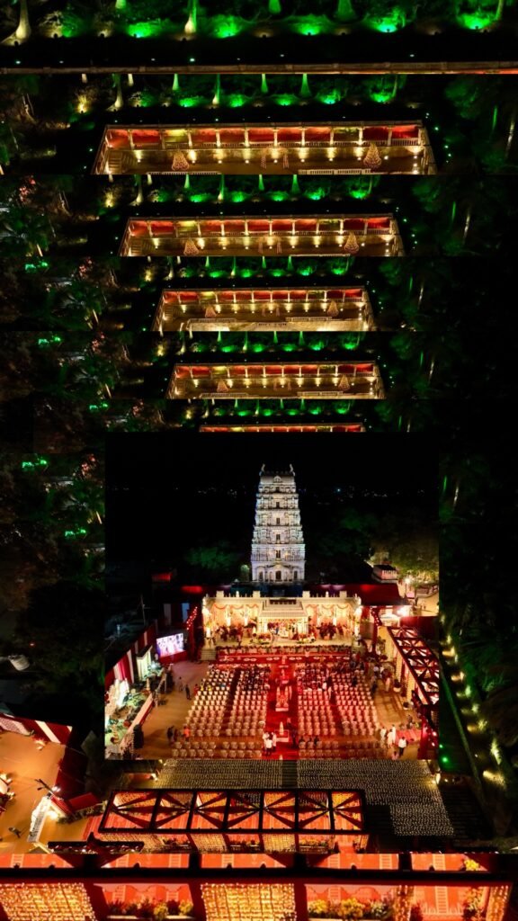 Drone shot of elegant wedding entrance decoration by The Dronacharya