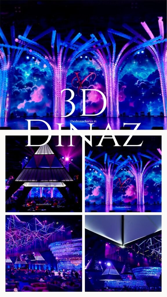 The Dronacharya cinematic drone shot of reception hall decoration with lights and flowers