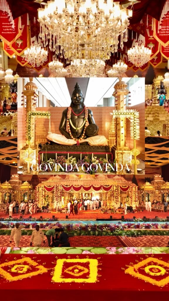 The Dronacharya drone photography capturing floral wedding decoration and chandeliers