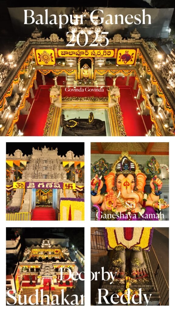 The Dronacharya drone shot of Balapur Ganesh decoration in Swarnagiri Temple theme at Hyderabad