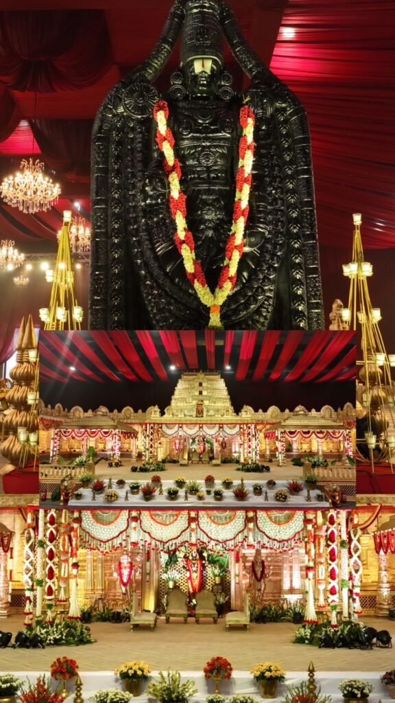 The Dronacharya drone shot of luxury wedding stage decoration in Hyderabad