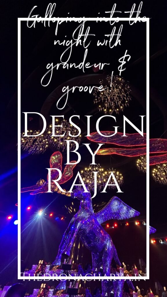 The Dronacharya drone photography of sangeet decor with stage, lights and floral arrangements in Hyderabad